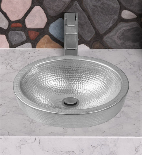 Hand Hammered 17 inch Aluminum Skirted Oval Vessel Bathroom Sink - Nickel